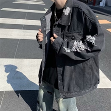 美式oversize破洞牛仔外套男士春秋款小众潮牌大码夹克痞帅-WT187，男装夹克，星座601-2