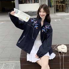 《档口现货》2026秋上新气质刺绣学院风藏蓝色休闲夹克外套女，女装短外套，苗苗