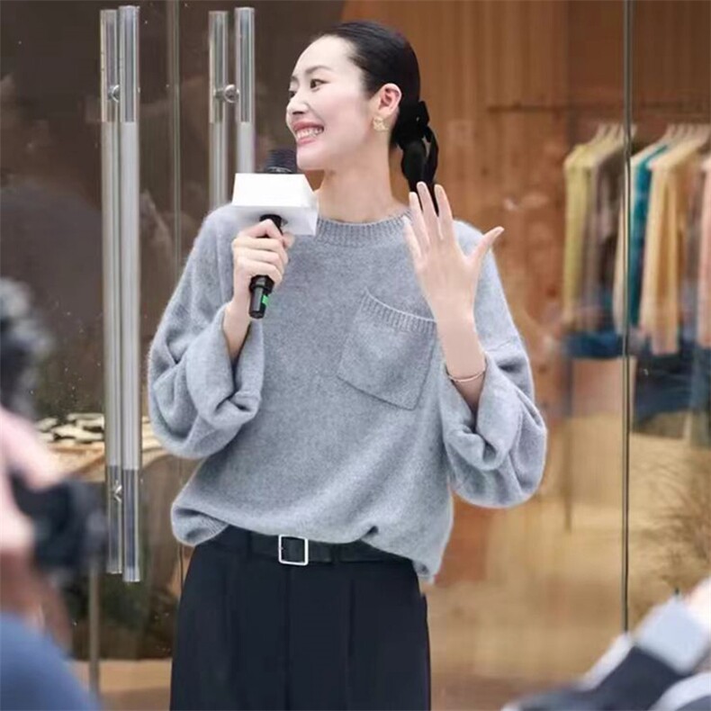 刘雯同款圆领山宽松灰色慵懒风毛衣女冬加厚设计感小众针织衫,针织衫/毛衣,奢优羊绒