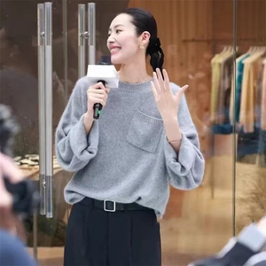 刘雯同款圆领山宽松灰色慵懒风毛衣女冬加厚设计感小众针织衫图片