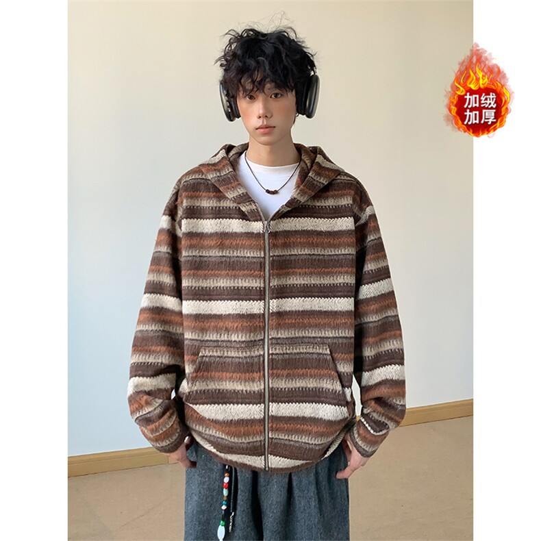 冬季加绒条纹卫衣长袖针织开衫复古潮牌外套5D1193-TP65118,男装卫衣,电商A102