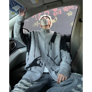 美式毛衣开衫外套男秋冬潮流高级感满印仿貂毛针织衫毛线衣图片