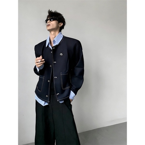 网图慎用 假两件设计衬衫领高智感垫肩外套男夹克春季JK016P138图片