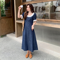 蕾丝花边牛仔连衣裙女2025夏季新款法式温柔风复古气质连身裙长裙，女装连衣裙，2C009