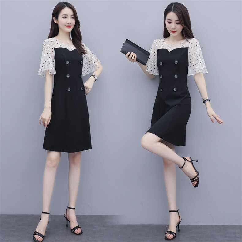 短袖中长款拼接连衣裙圆领淑女2021年夏季，女装连衣裙，岚衣(原川流布茜）
