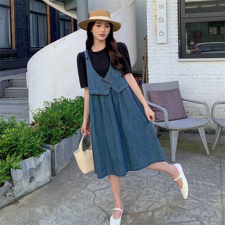 休闲牛仔连衣裙女2025夏季新款显瘦设计感假两件小个子复古A字裙，女装连衣裙，MQ