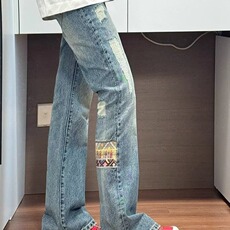 复古民族风贴布男女同款牛仔裤破洞小众设计感裤子美式直筒微喇裤，男装牛仔裤，星座506A