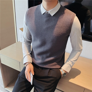 秋冬厚款假两件纯色衬衫领针织背心套头毛衣男潮灰色M8351-P88图片