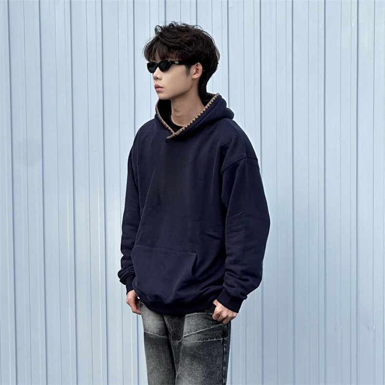 抖音得物高品质二开25秋冬美式重磅宽松纯色连帽贝壳刺绣卫衣W63,男装卫衣,电商A486-1