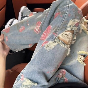网图现货  美式宽松直筒花卉破洞直筒牛仔长裤K154/特P48图片