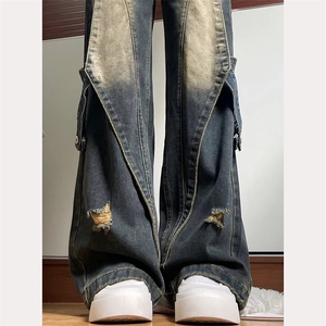 现货 高街vibe风重工牛仔裤男宽松直筒拼接阔腿长裤子WL88122-p55图片
