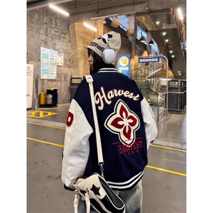 W539-P88 美式复古毛呢拼皮刺绣棒球服夹克男女宽松夹棉加厚拼色图片