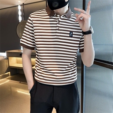 经典款高级感轻奢夏季短袖T恤翻领条纹Polo衫半袖T0253-P58，男装T恤，电商D342