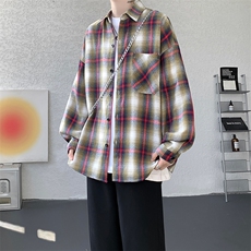 衬衫男春季新款港风宽松大码磨毛格子长袖衬衣CS131-特P28，男装衬衫，星座214-3