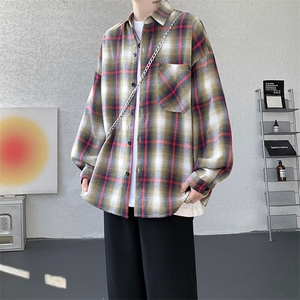 衬衫男春季新款港风宽松大码磨毛格子长袖衬衣CS131-特P28图片