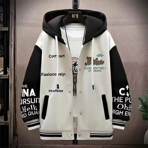 连帽棒球服男款春秋季撞色夹克外套男春秋款字母印花运动开衫卫衣图片