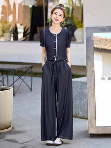 复古减龄天丝牛仔套装女2025夏季新款休闲短袖上衣阔腿长裤两件套图片