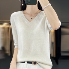 2024新款V领短袖羊毛上衣休闲舒适，女装羊毛衫，昭美羊绒