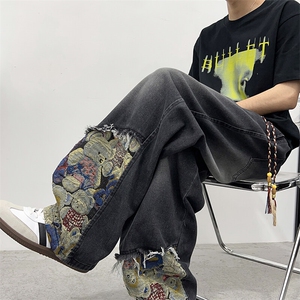 新中式小熊拼接牛仔裤男春夏潮牌痞帅直筒裤美式阔腿裤N9120-P45图片