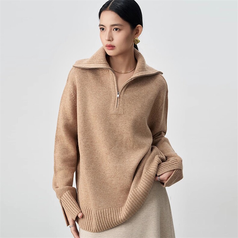 秋冬女士时尚宽松翻领羊毛拉链款针织衫,女装羊毛衫,挚尚羊绒