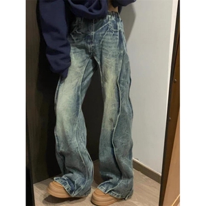 DG3150-P65美式拼接廓形牛仔裤男女闪电纹宽松休闲长裤-网图现货1图片