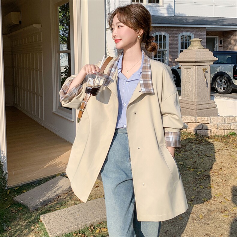 格子拼接风衣外套女春秋2025新款小个子休闲百搭显瘦大衣超火减龄,女装风衣,浙宝A馆126
