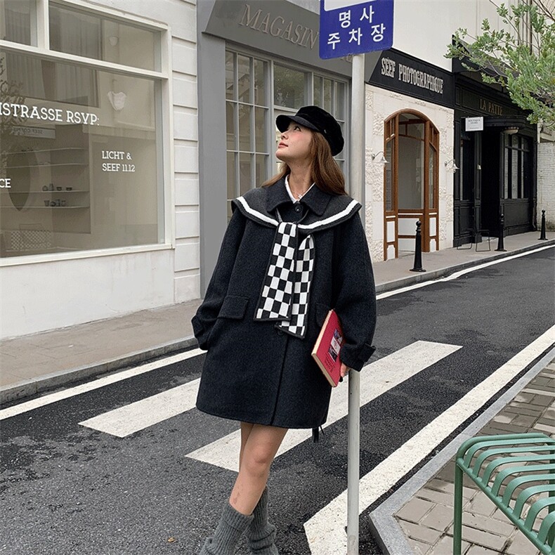 学院风格纹翻领灰色毛呢外套女秋冬2025新款流行爆款气质百搭大衣,女装毛呢外套,2D080