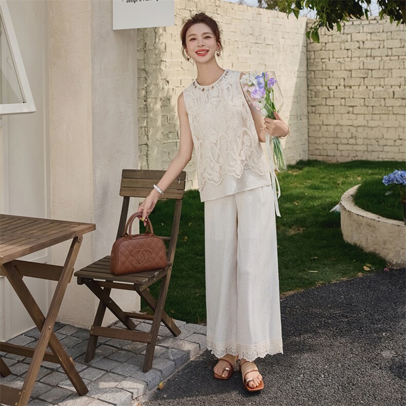 现货可推2025夏装新款气质棉麻拼接蕾丝网纱垂感透气两件套裤女，女装套装/套裙，苗苗