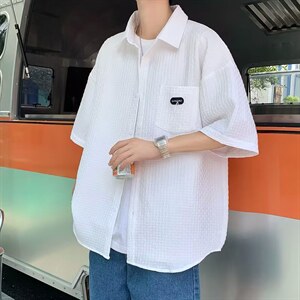 夏季短袖衬衣男ins潮牌港风日系条纹男士衬衫LC74P38图片