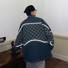 2023春季棋盘格拼接牛仔夹克男士高街痞帅百搭反光外套JK834-P70，男装夹克，星座1103-3