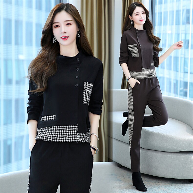 【秋新现货】经典千鸟格拼接针织套装~时尚休闲两件套，女装套装/套裙，慕依路