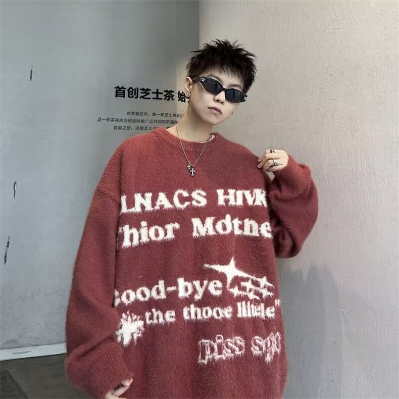 美式字母提花海水洗貂毛毛衣男冬季加厚保暖圆领情侣针织衫M5713,男装针织衫/毛衣,星座506