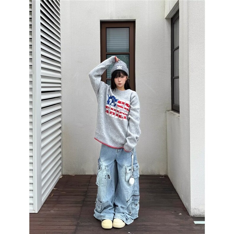 美式高街星星字母圆领毛衣男女秋冬季新款潮牌撞色宽松慵懒针织衫图片