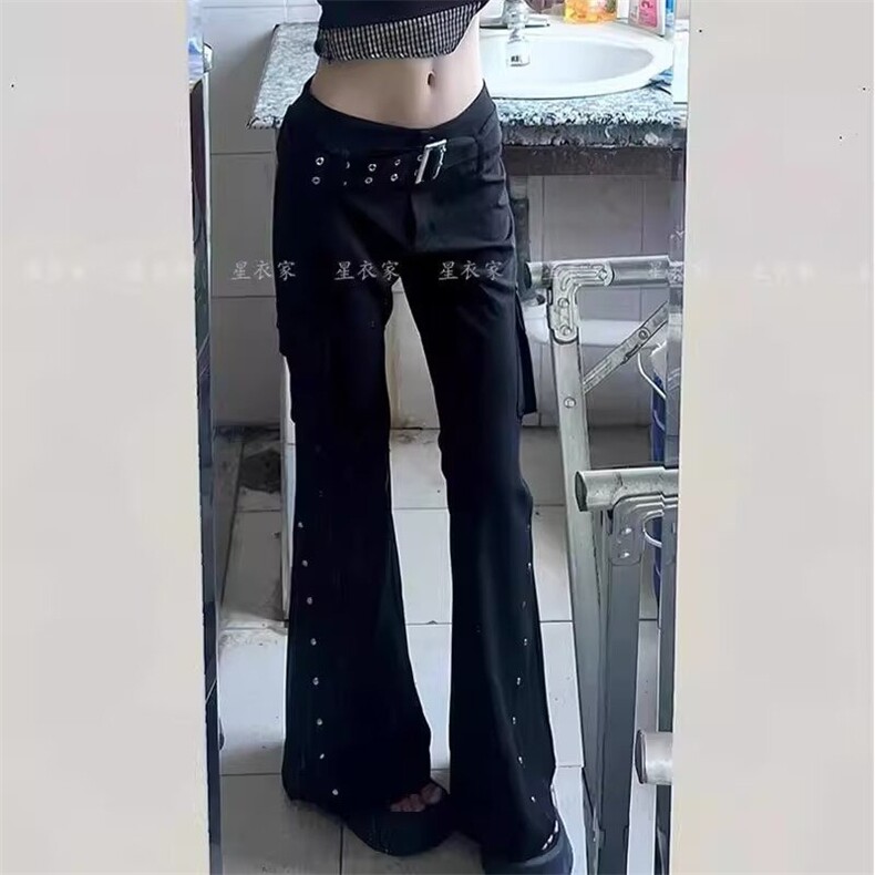 美式辣妹低腰修身黑色喇叭裤女街头酷飒拉链口袋工装牛仔裤图片