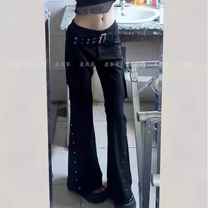 美式辣妹低腰修身黑色喇叭裤女街头酷飒拉链口袋工装牛仔裤图片