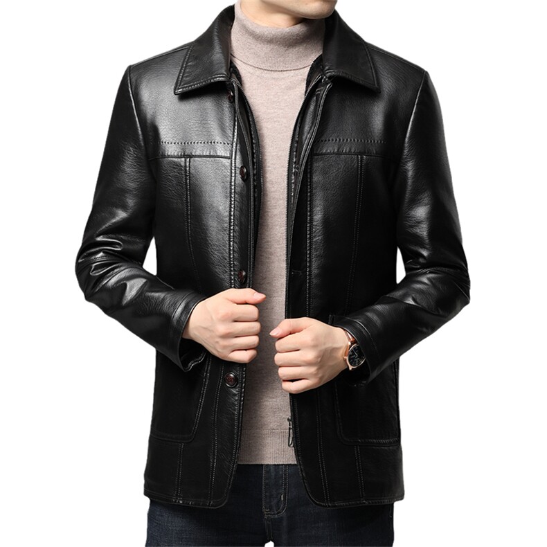 秋季新品休闲皮衣男中年帅气翻领外套加绒加厚上衣QLMP217-P150,男装皮衣,电商B212（原钱塘6029）