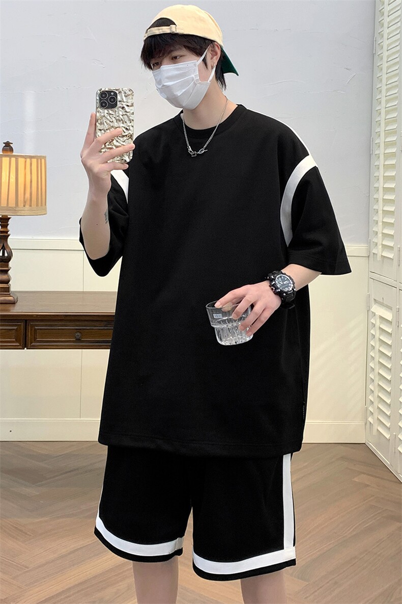 夏上新青少年纯色简约半袖套装休闲短裤T恤男女7806-P75控价108,男装T恤,电商A441-1