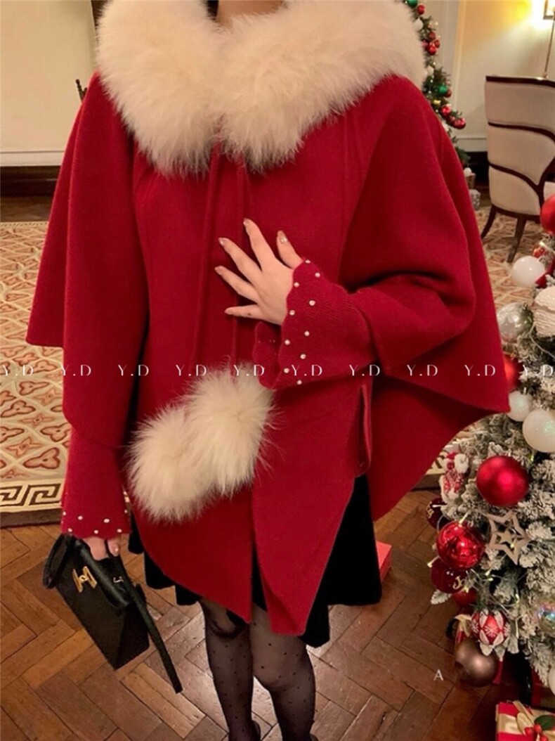 原价548.99!【依嘟】新年战袍！红色订婚结婚连帽毛领斗,女装双面呢大衣,依嘟服饰