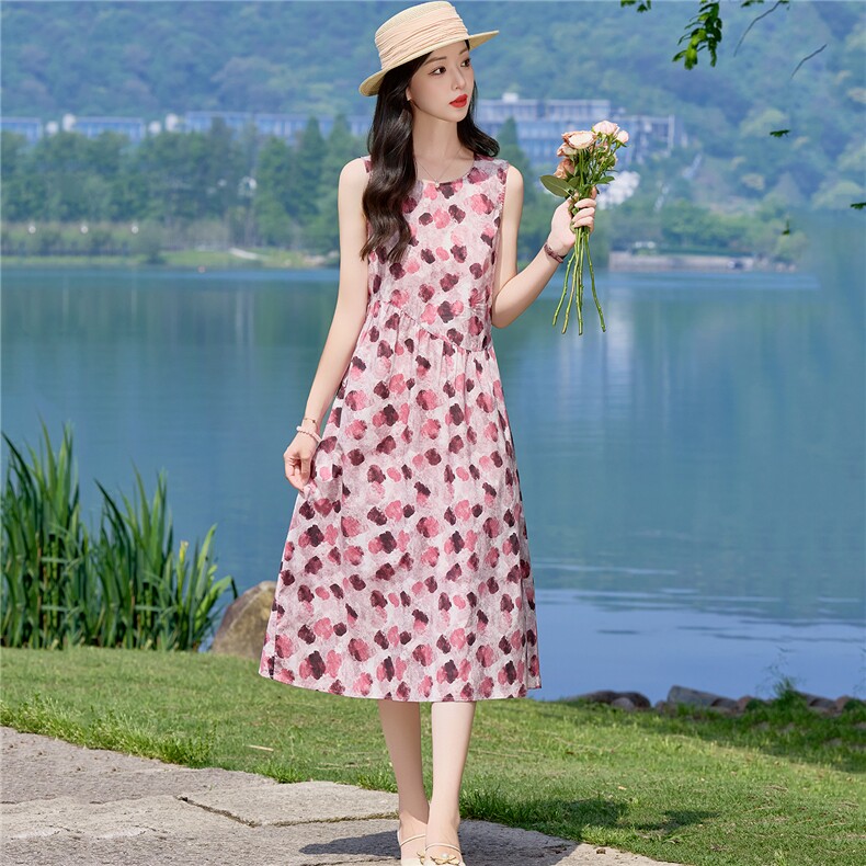 2026无袖花色长款连衣裙棉,女装连衣裙,鑫思依格