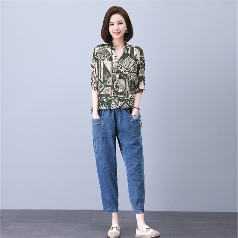 时尚拼接印花镶钻套装宽松显瘦气质女装优雅百搭休闲上衣,女装套装/套裙,叶笙衣