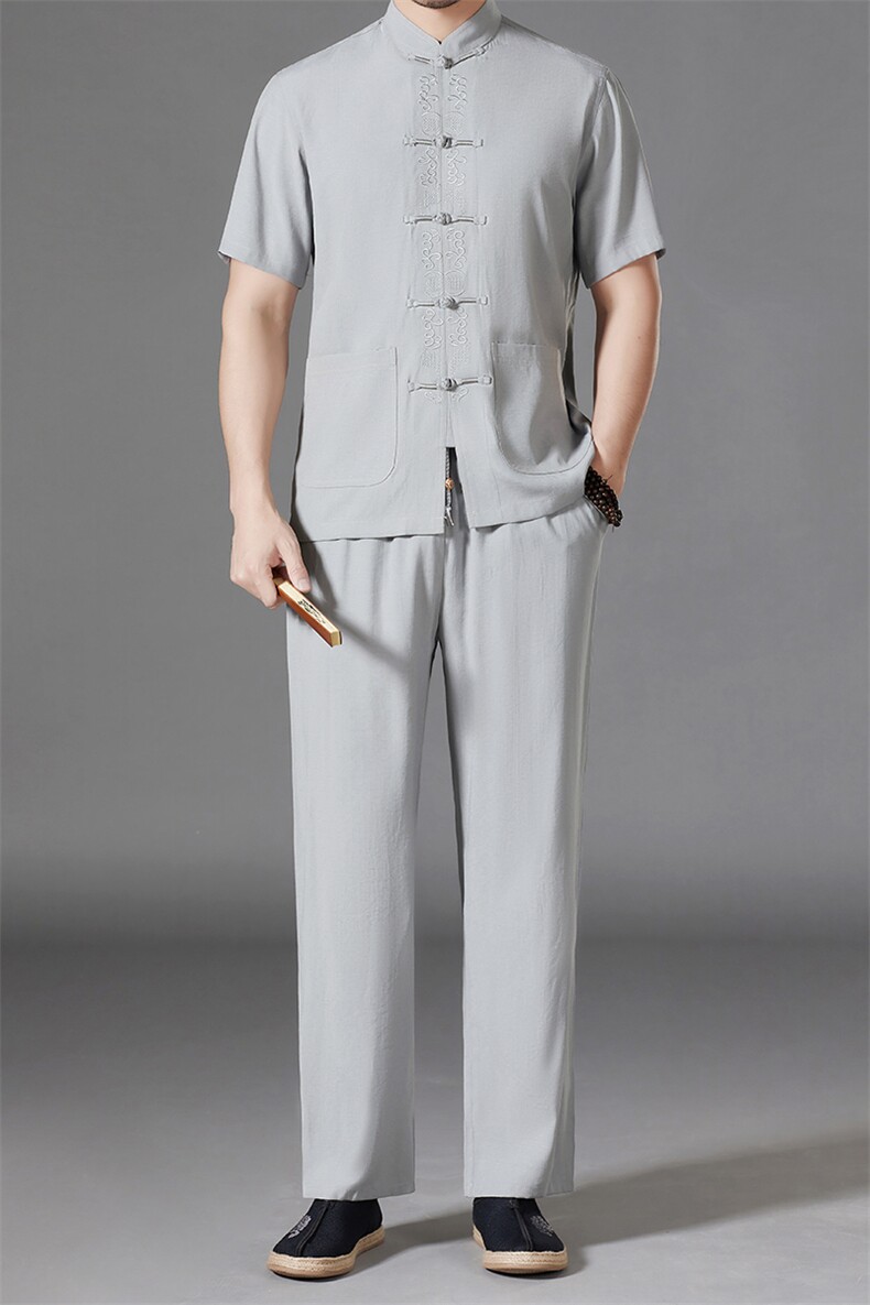 MJ7222男士2023年夏季新款唐装男短袖风纽扣休闲套装男,男装民族服装,电商B212（原钱塘6029）