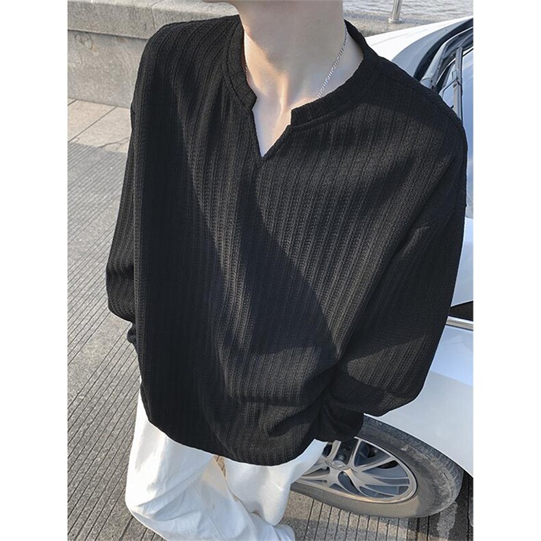 美式高街千鸟格子长袖T恤男女亨利V领英伦雅痞休闲宽松长袖打底衫,男装T恤,电商A443