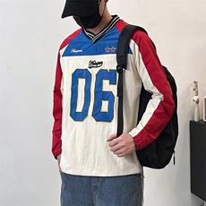 美式复古V领撞色拼接球衣套头衫卫衣男女宽松街头长袖WYE28P50，男装卫衣，星座1013-5