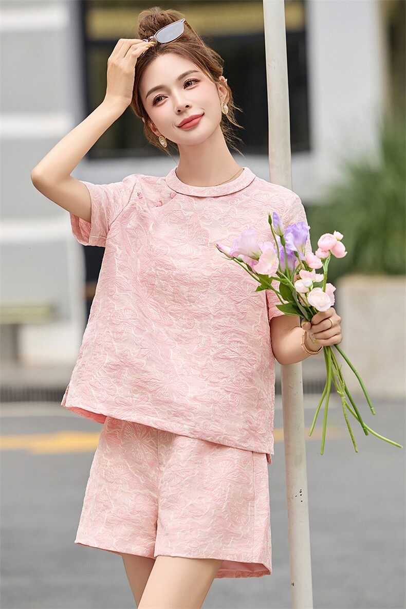 新中式风减龄粉色印花套装女2025夏新款宽松显瘦短袖短裤两件套,女装套装/套裙,蓝朵琳