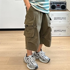 夏季日系复古水洗棉多口袋工装七分裤男女纯色宽松直筒过膝短裤潮，男装牛仔裤，星座506A