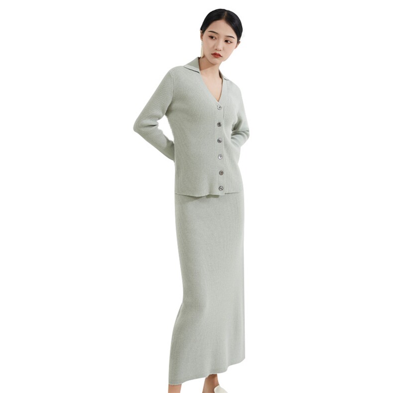时尚V领显瘦百搭纯色上衣简约半身裙通勤两件套,女装套装/套裙,恒爱羊绒