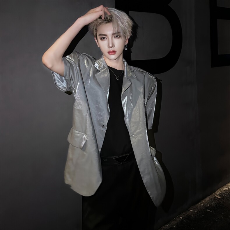 (自家图）高级液态缎面银色垫肩西装小众金属铆钉西服男2318-P88,男装西服套装,星座910-5