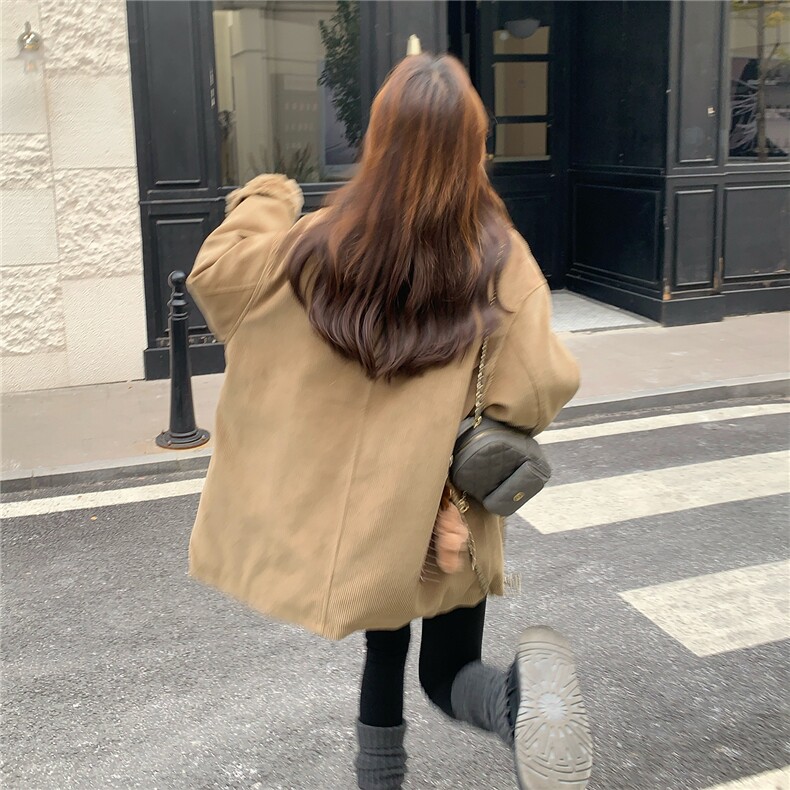 韩系翻领灯芯绒羊羔毛拼接羽绒服女冬季宽松加厚保暖中长款外套潮,女装羽绒服,2C292