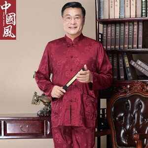 新款中老年唐装男长袖爸爸春秋套装丝绸爷爷风汉服,男装中老年男装,钱塘723