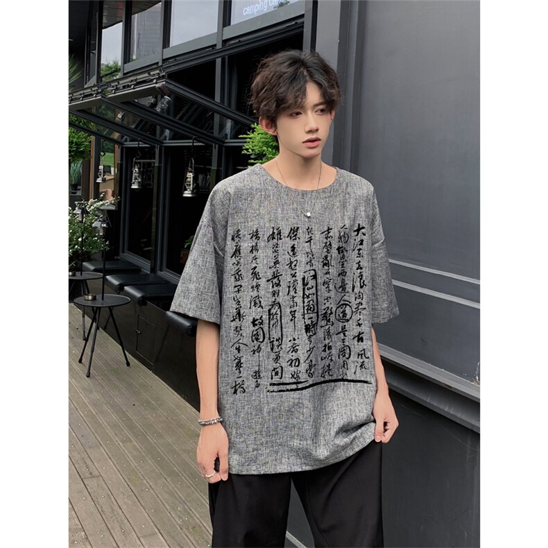 已做版权现货新中式棉麻书法宽松亚麻大码短袖男MT23-P35控58,男装T恤,星座205-5